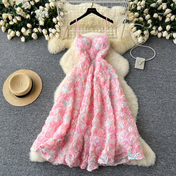 A line Spaghetti Straps Pink Floral Holiday Dresses Midi Length Women's Dress SD1274